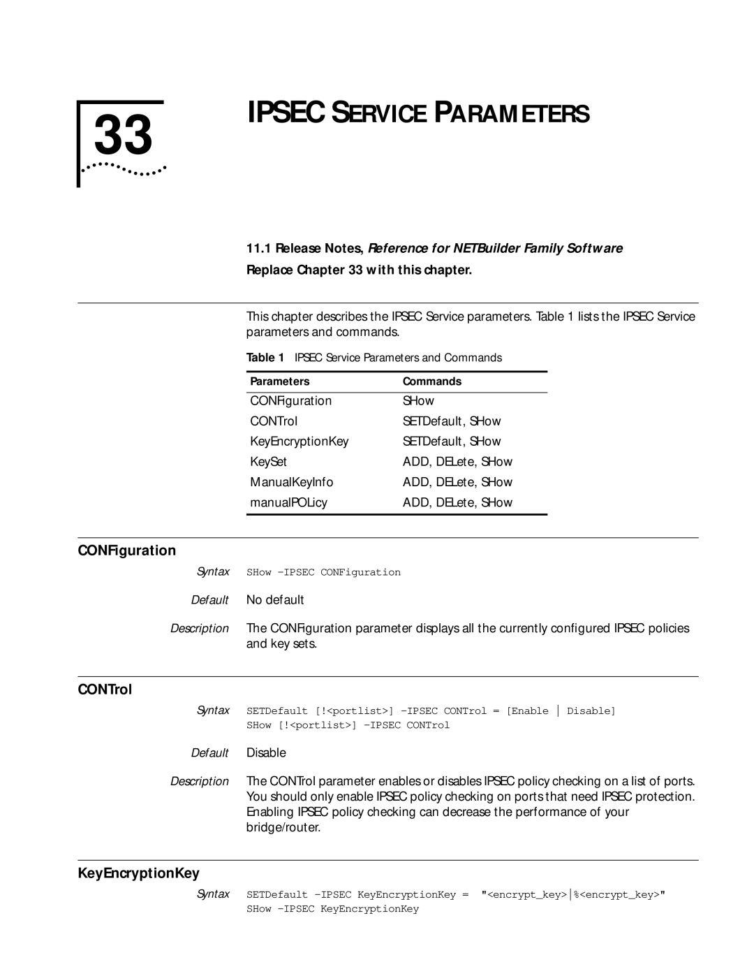 3Com 11.1 manual CONFiguration, CONTrol, KeyEncryptionKey, Ipsec Service Parameters and Commands 