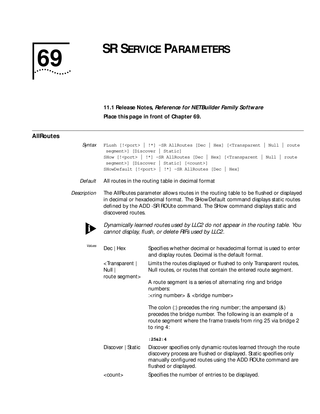 3Com 11.1 manual SR Service Parameters, AllRoutes, Place this page in front of Chapter 