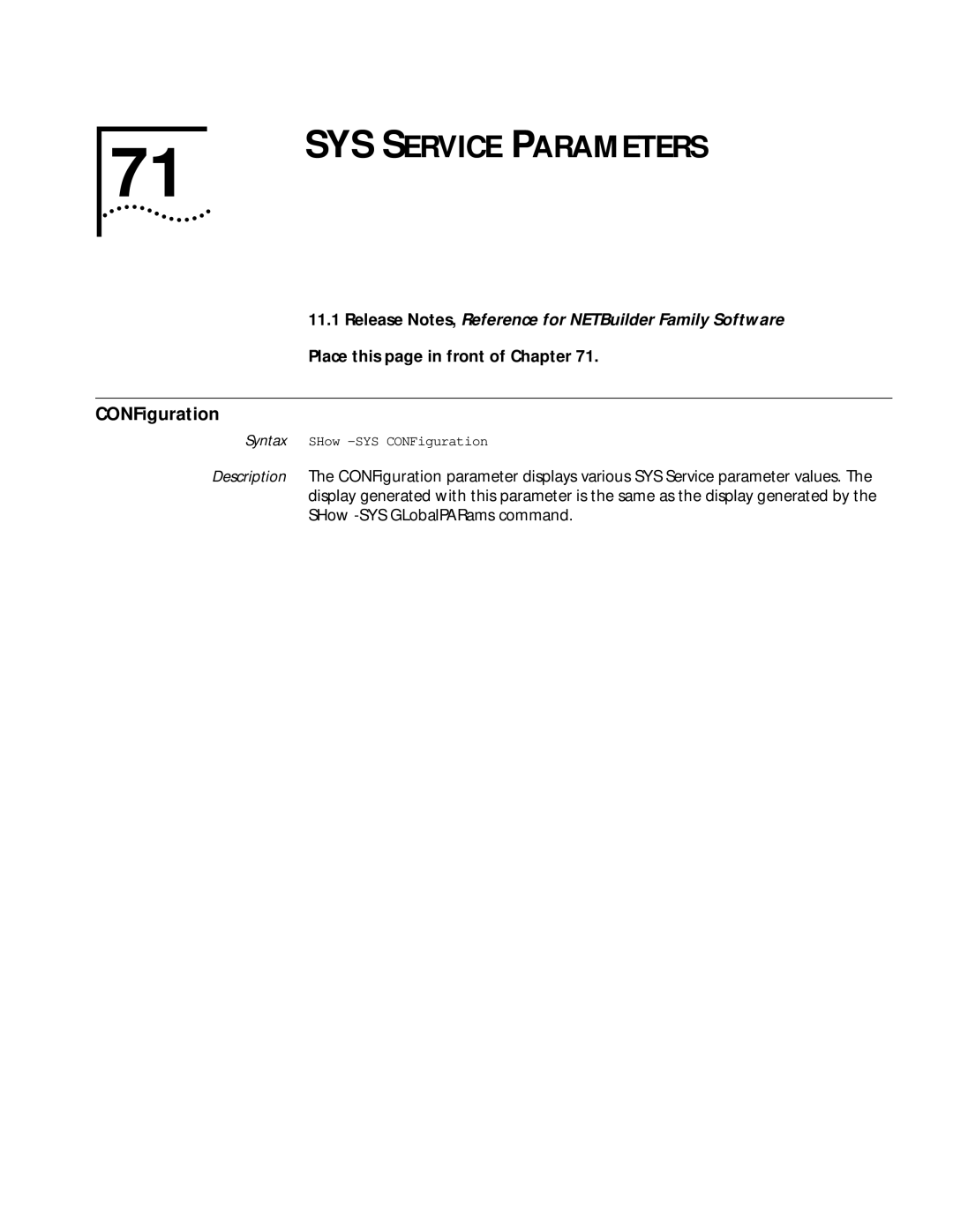 3Com 11.1 manual SYS Service Parameters, Place this page in front of Chapter 