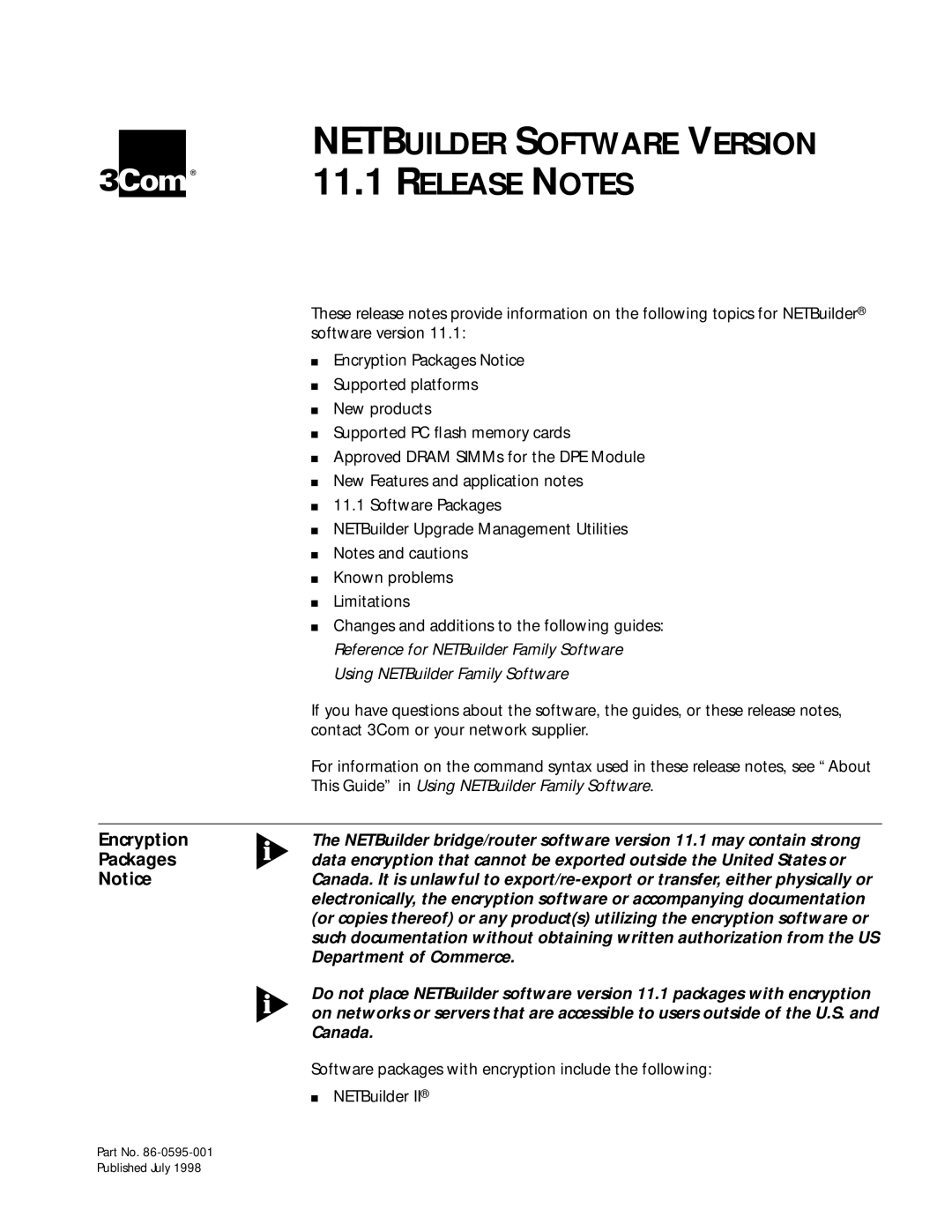 3Com 11.1 manual Netbuilder Software Version Release Notes, Encryption, Packages, Contact 3Com or your network supplier 