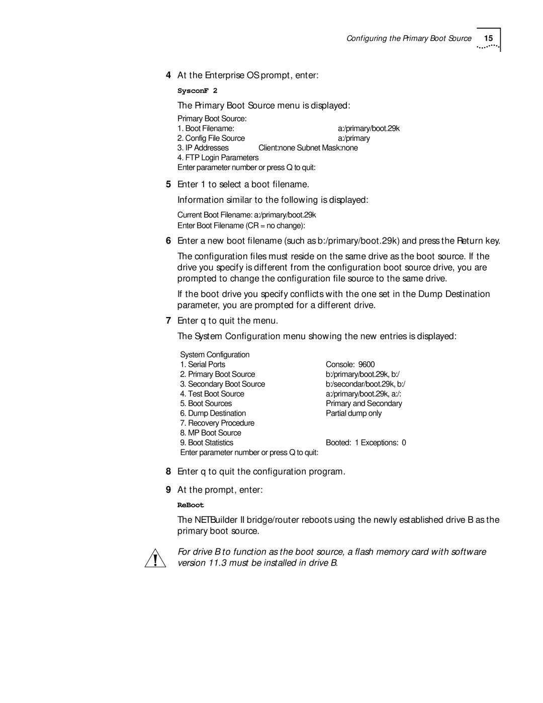 3Com 11.3 manual At the Enterprise OS prompt, enter, Primary Boot Source menu is displayed 