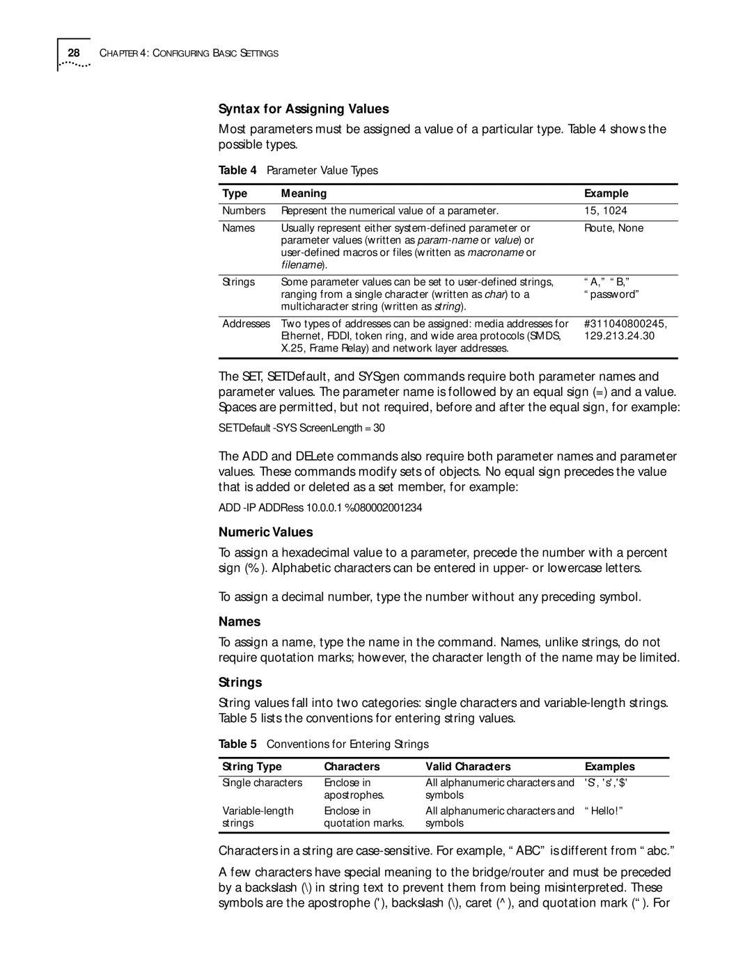 3Com 11.3 manual Syntax for Assigning Values, Numeric Values, Names, Strings 