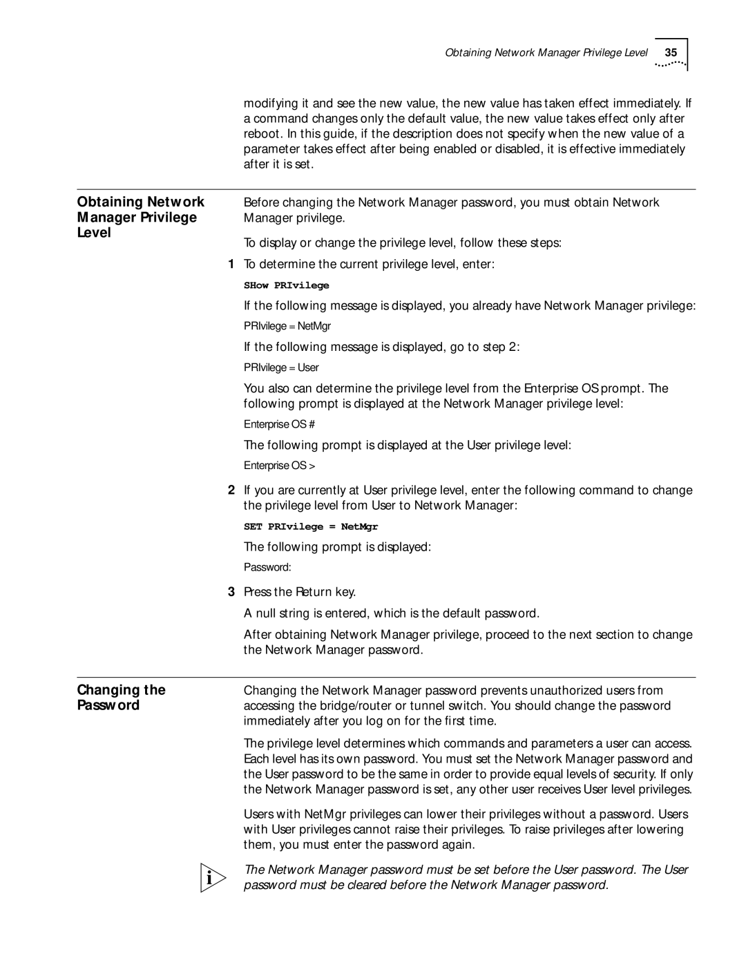 3Com 11.3 manual Obtaining Network, Manager Privilege, Level, Changing, Password 