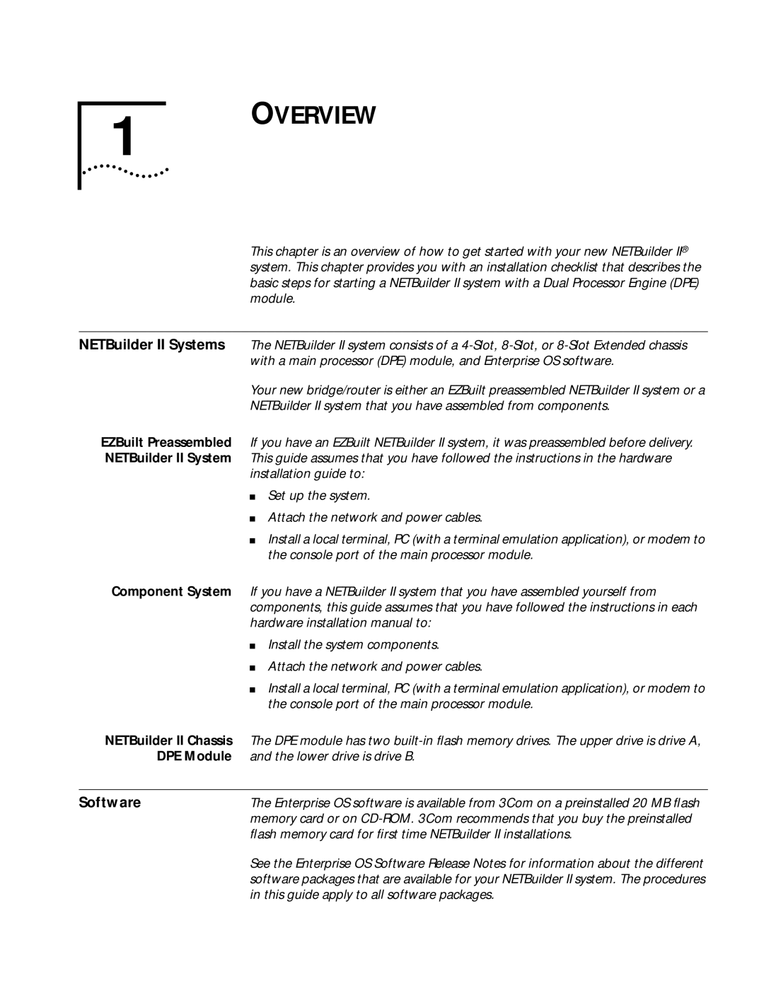 3Com 11.3 manual Overview, Software, ﬂash memory card for ﬁrst time NETBuilder II installations 