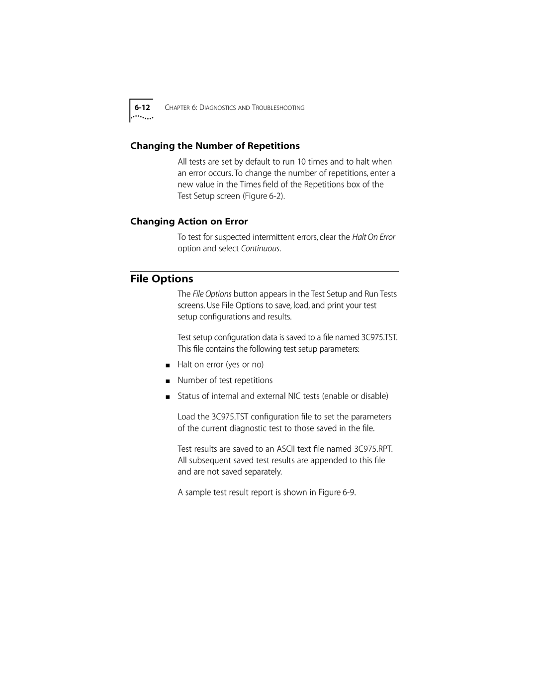 3Com 155 PCI manual File Options, Changing the Number of Repetitions, Changing Action on Error 