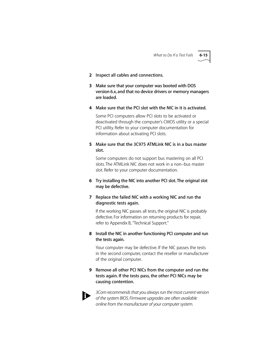 3Com 155 PCI manual Make sure that the 3C975 ATMLink NIC is in a bus master slot 