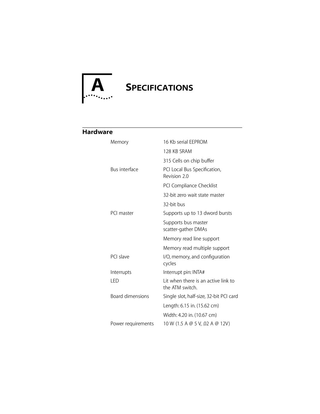 3Com 155 PCI manual Specifications, Hardware 