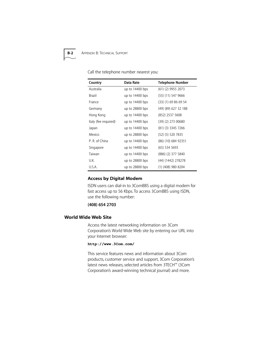 3Com 155 PCI World Wide Web Site, Call the telephone number nearest you, Brazil Up to 14400 bps, Japan Up to 14400 bps 