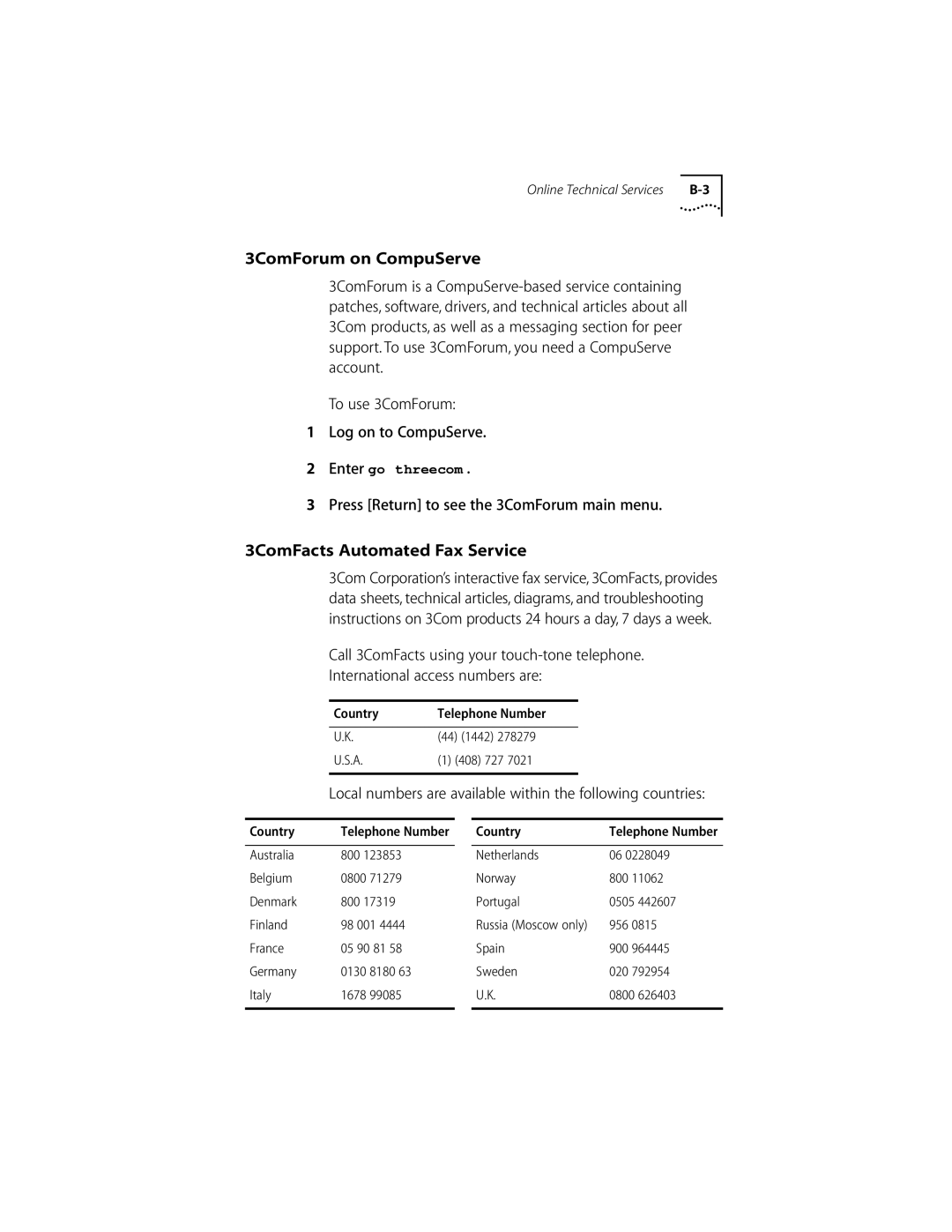 3Com 155 PCI manual 3ComForum on CompuServe, 3ComFacts Automated Fax Service, To use 3ComForum Log on to CompuServe 