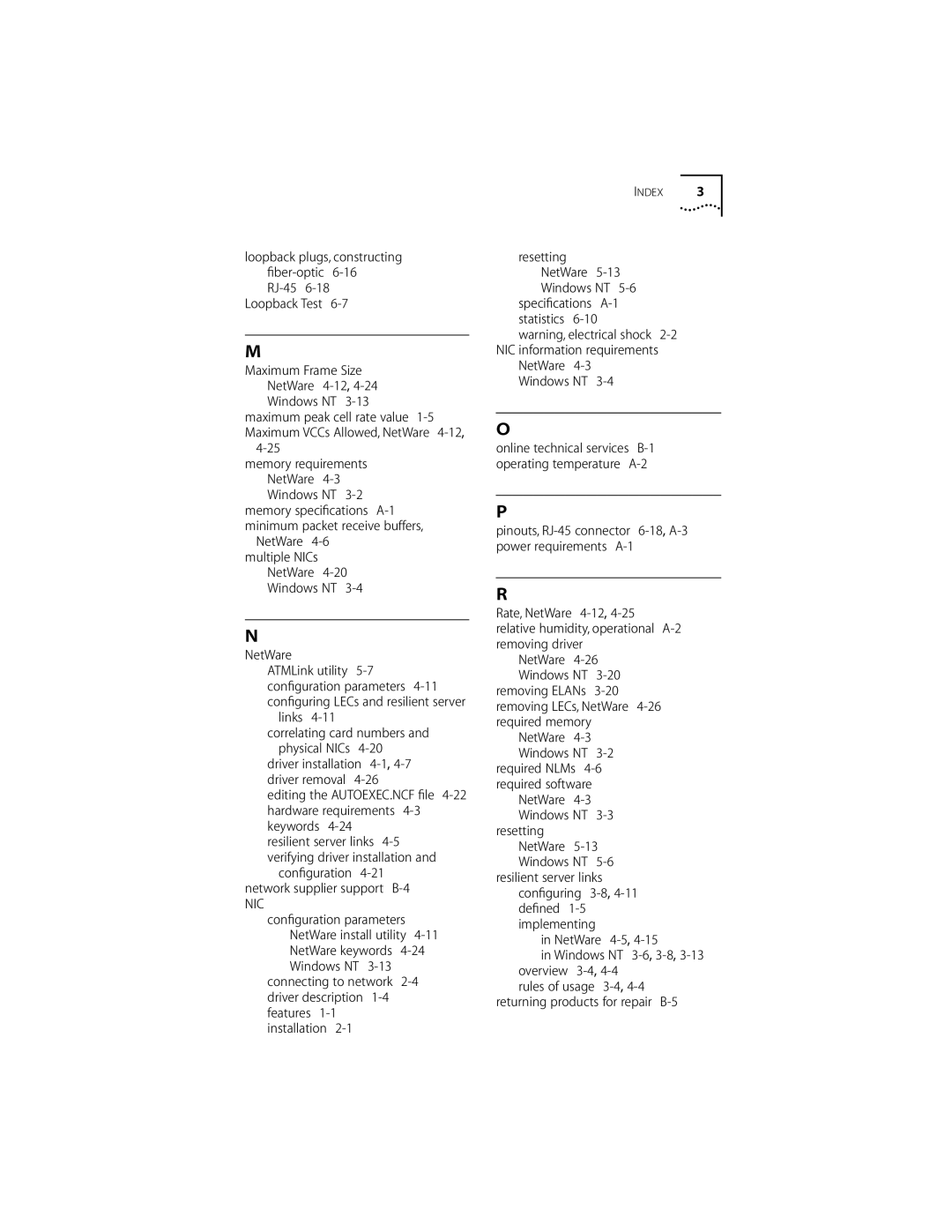 3Com 155 PCI manual RJ-45 Loopback Test, Resetting NetWare 5-13 Windows NT, Windows NT 3-3 resetting 