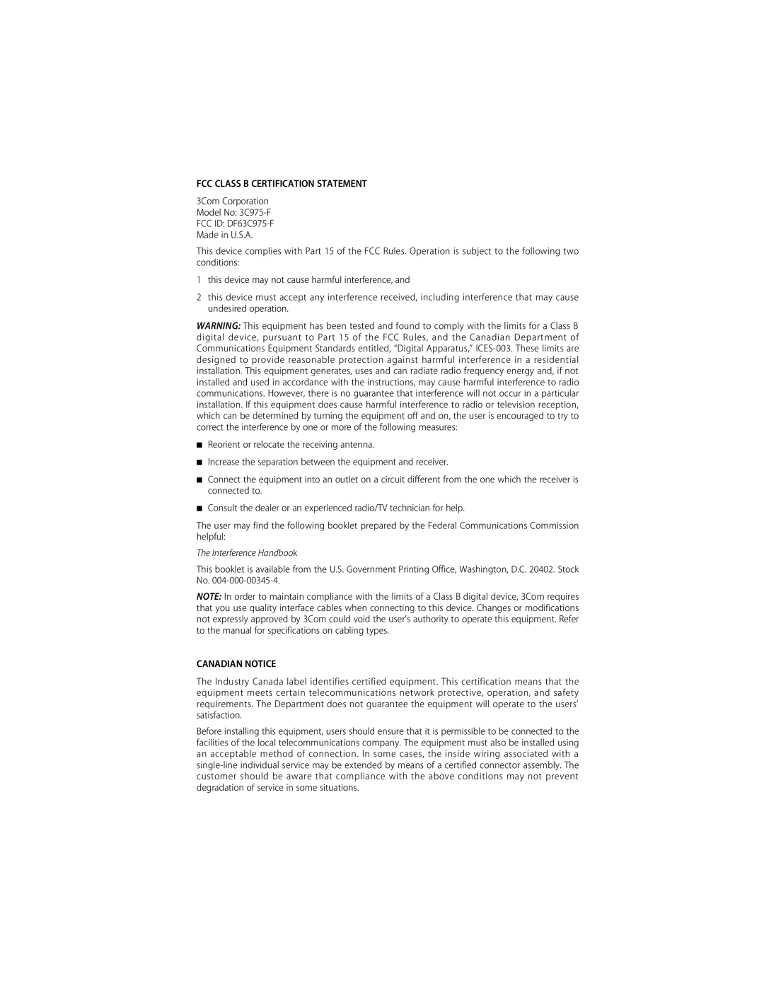 3Com 155 PCI manual Interference Handbook 