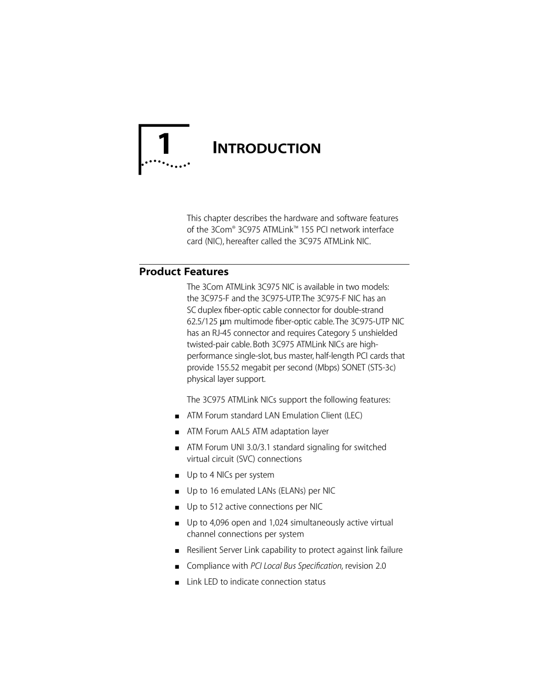 3Com 155 PCI manual Introduction, Product Features 