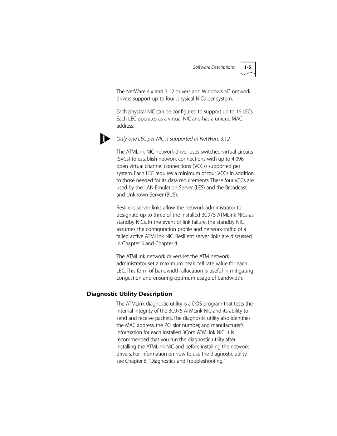 3Com 155 PCI manual Diagnostic Utility Description, Only one LEC per NIC is supported in NetWare 