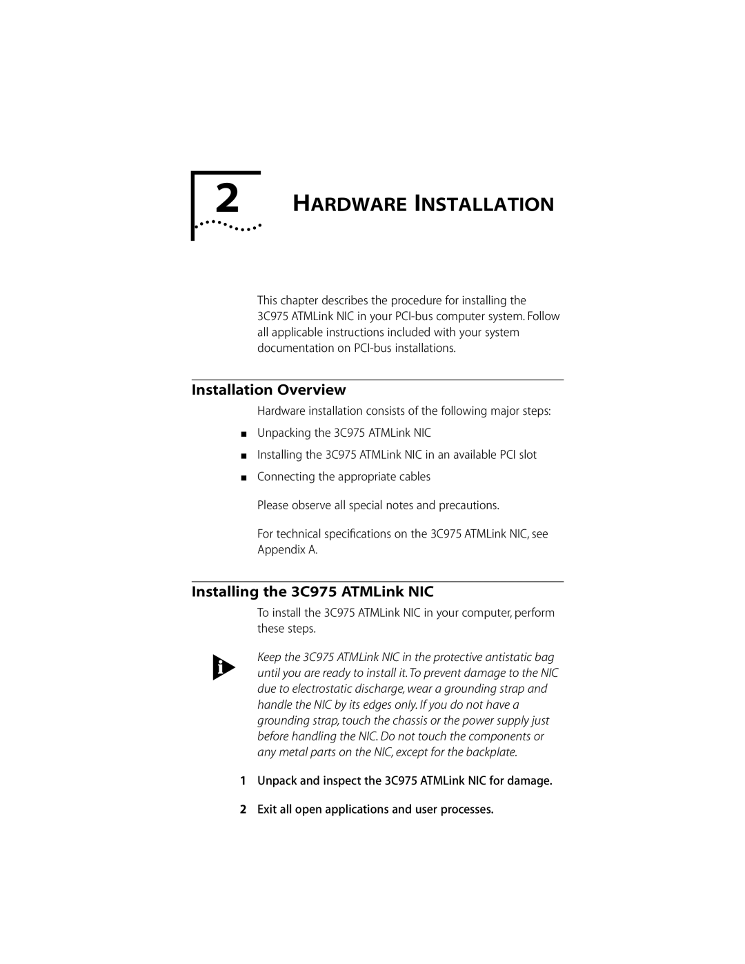 3Com 155 PCI manual Hardware Installation, Installation Overview, Installing the 3C975 ATMLink NIC 