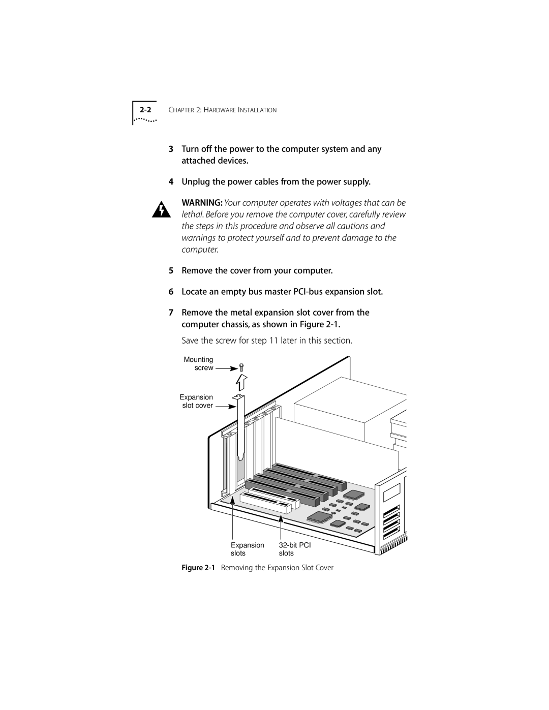 3Com 155 PCI manual Save the screw for later in this section, Removing the Expansion Slot Cover 