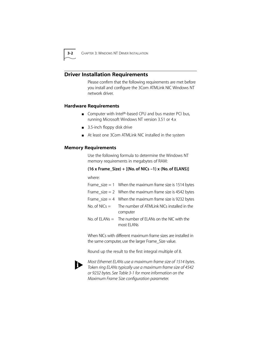 3Com 155 PCI manual Driver Installation Requirements, Hardware Requirements, Memory Requirements 