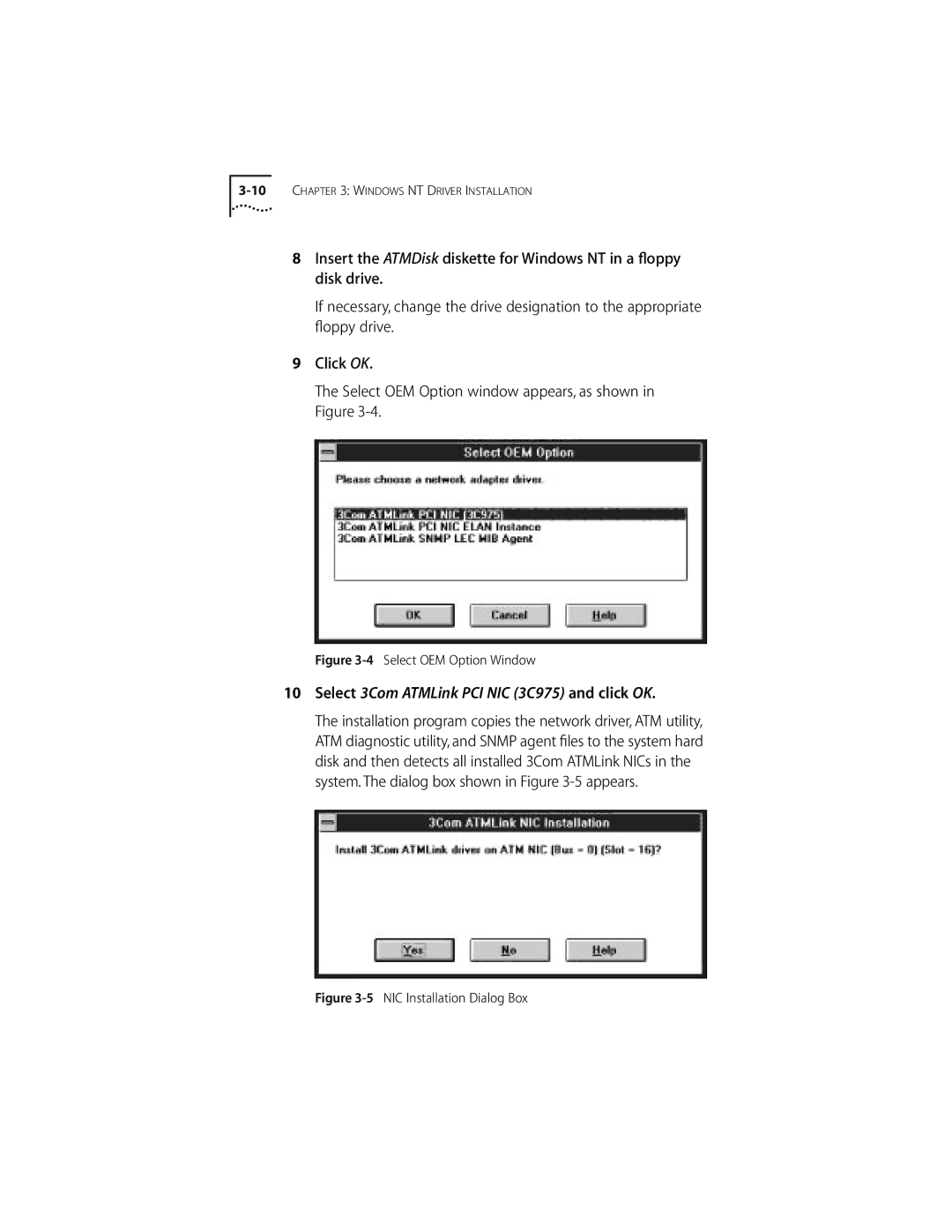 3Com 155 PCI manual Select 3Com ATMLink PCI NIC 3C975 and click OK, Select OEM Option Window 