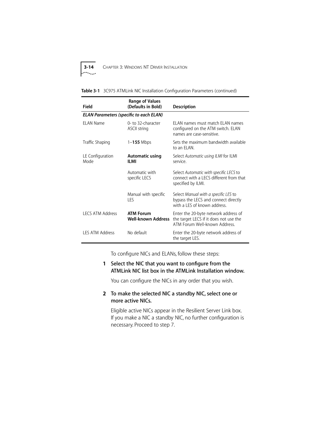 3Com 155 PCI manual To conﬁgure NICs and ELANs, follow these steps 