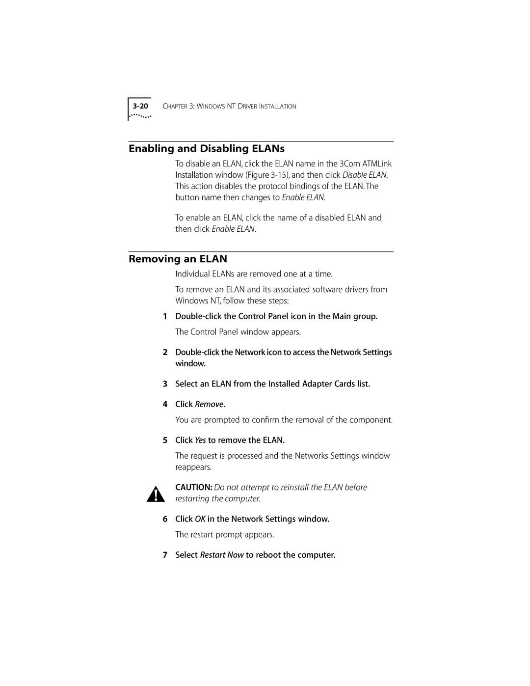 3Com 155 PCI manual Enabling and Disabling ELANs, Removing an Elan 