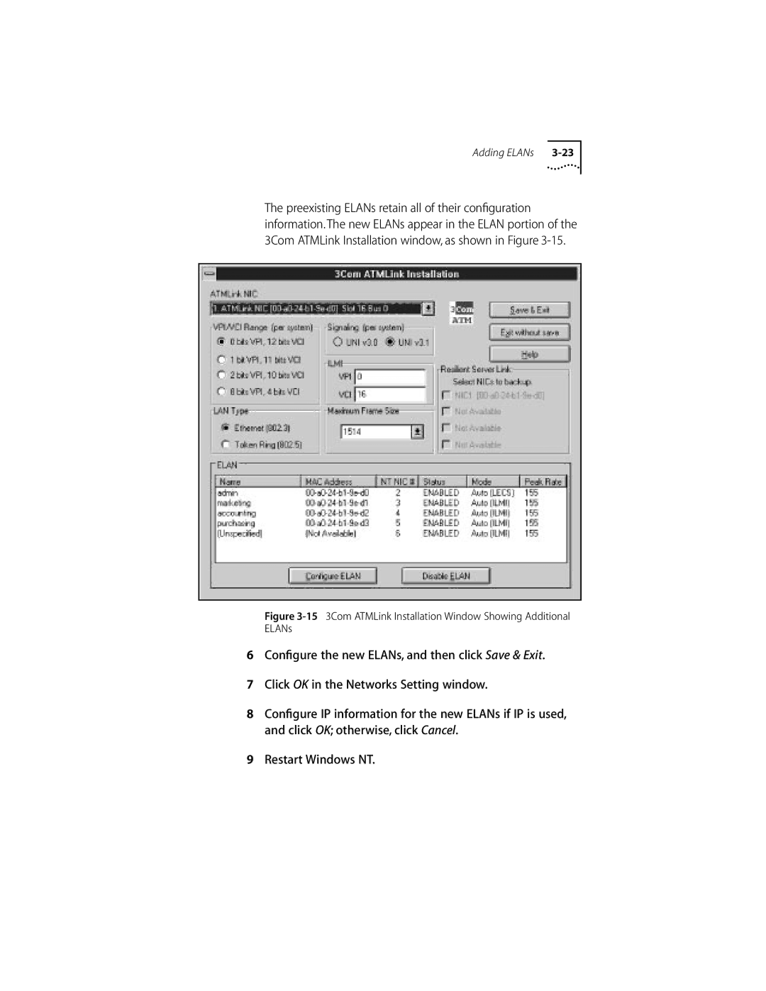 3Com 155 PCI manual 15 3Com ATMLink Installation Window Showing Additional ELANs 