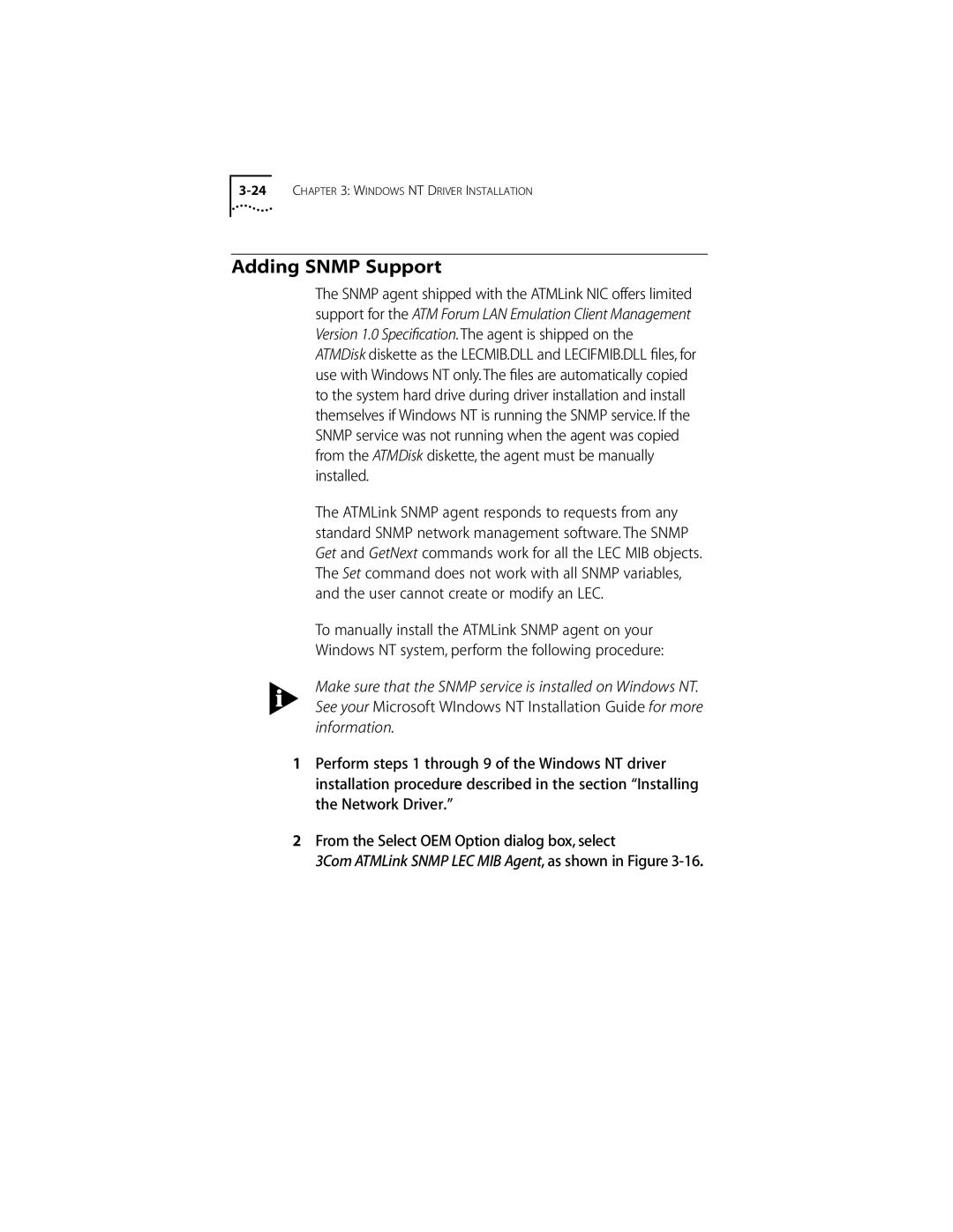 3Com 155 PCI manual Adding Snmp Support, 3Com ATMLink Snmp LEC MIB Agent, as shown in Figure 