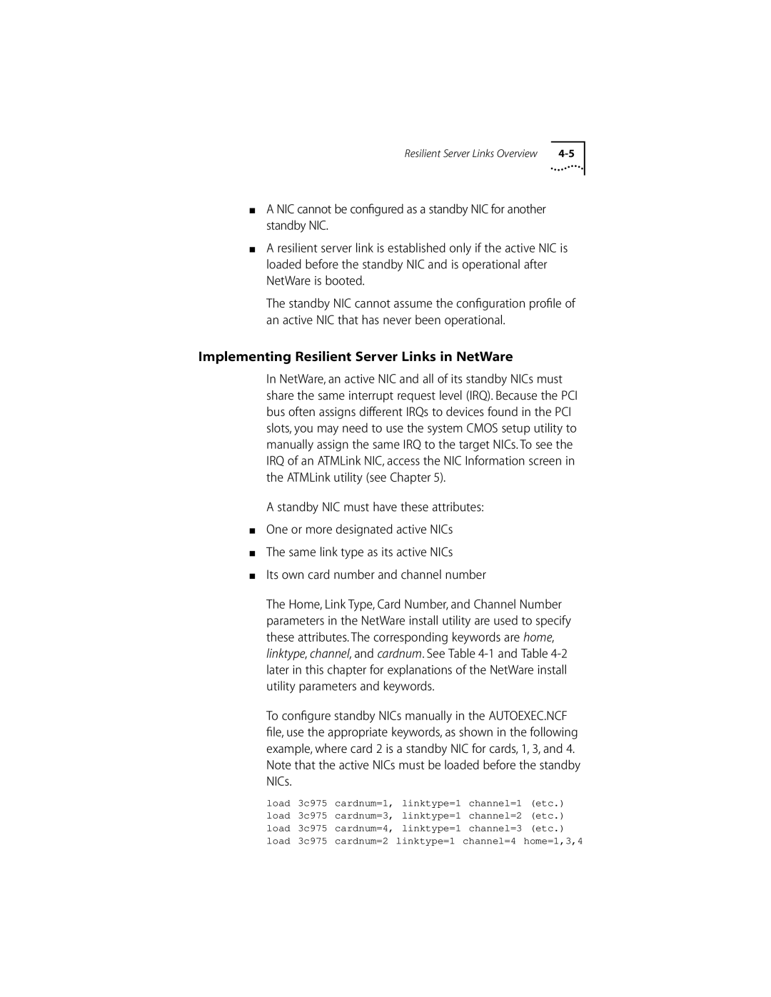 3Com 155 PCI manual Implementing Resilient Server Links in NetWare 