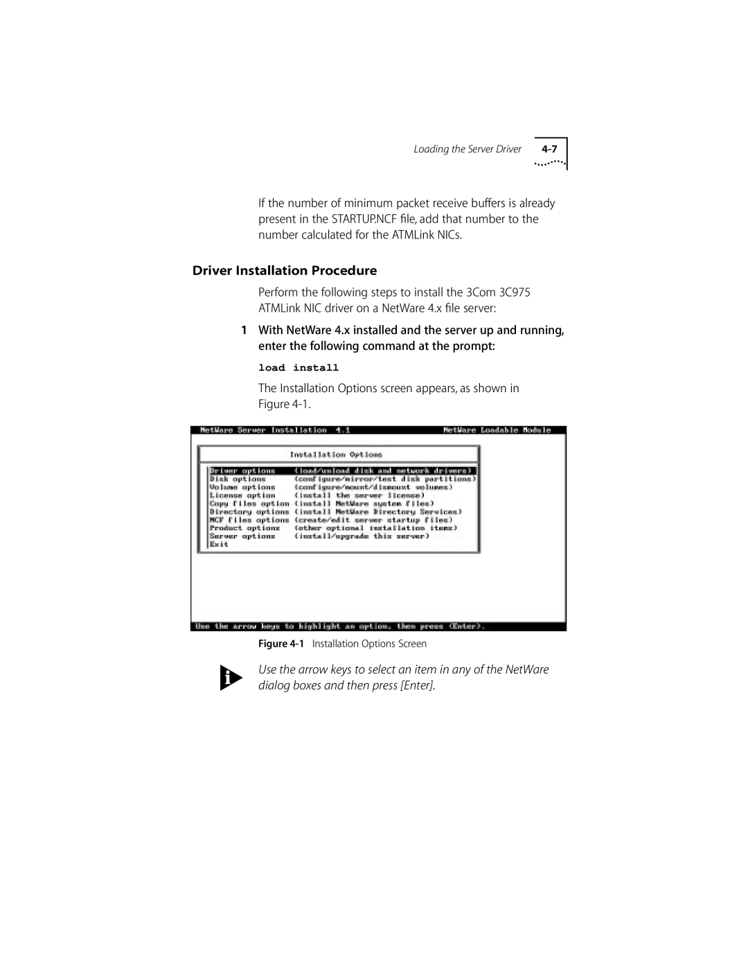 3Com 155 PCI manual Driver Installation Procedure, Installation Options screen appears, as shown 