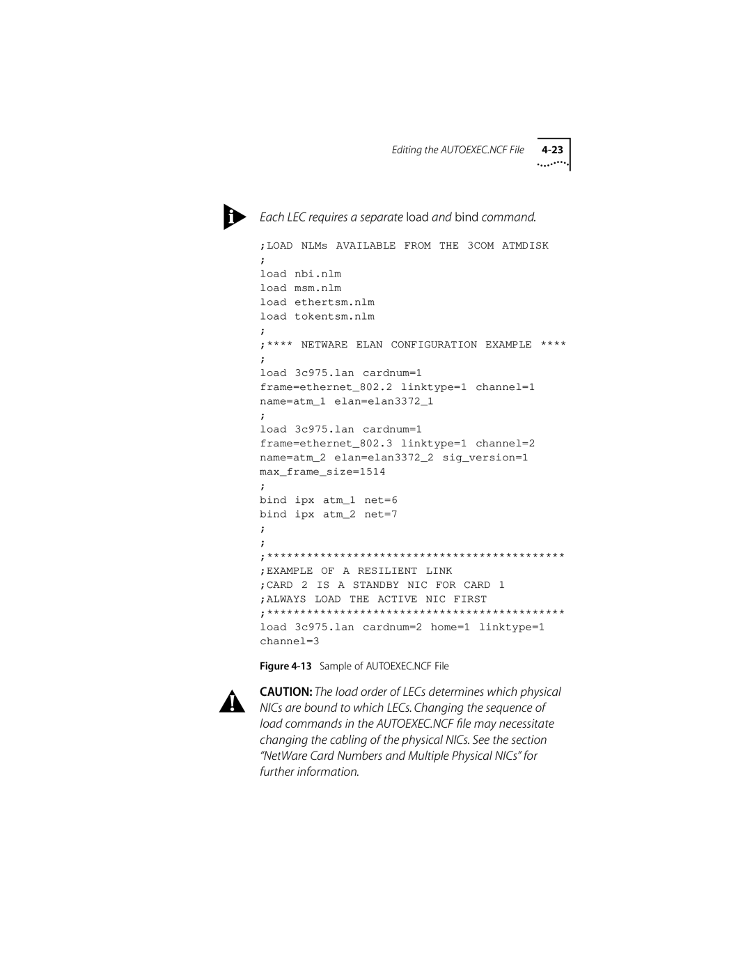 3Com 155 PCI manual Each LEC requires a separate load and bind command, Sample of AUTOEXEC.NCF File 