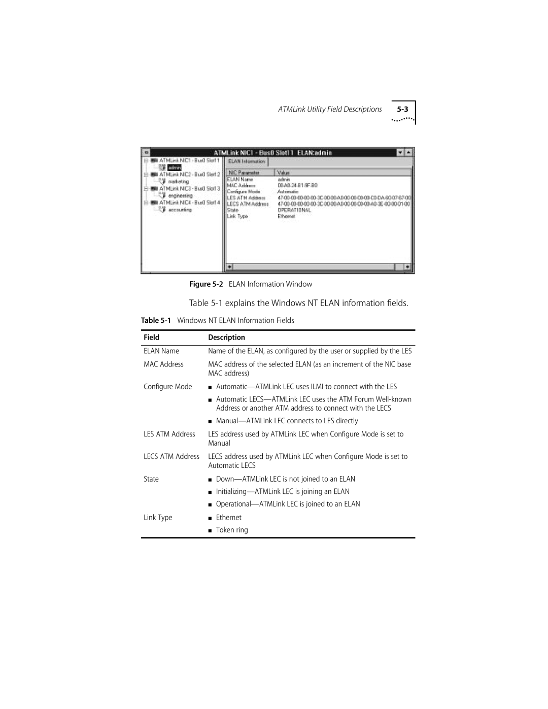 3Com 155 PCI manual Explains the Windows NT Elan information ﬁelds 