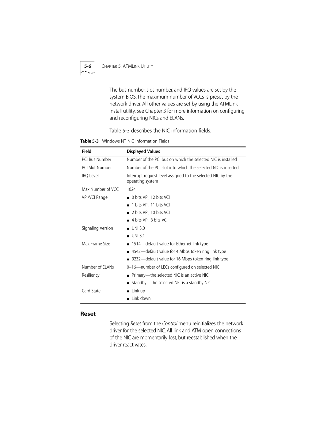 3Com 155 PCI manual Reset, Describes the NIC information ﬁelds, PCI Slot Number, IRQ Level, Operating system 