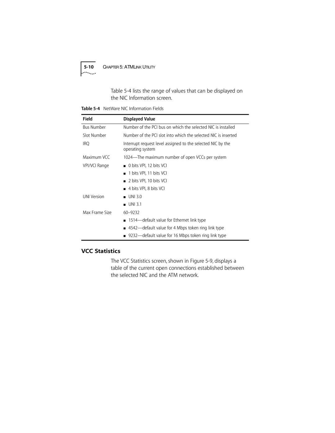 3Com 155 PCI manual VCC Statistics, NetWare NIC Information Fields Displayed Value Bus Number, Slot Number, Maximum VCC 