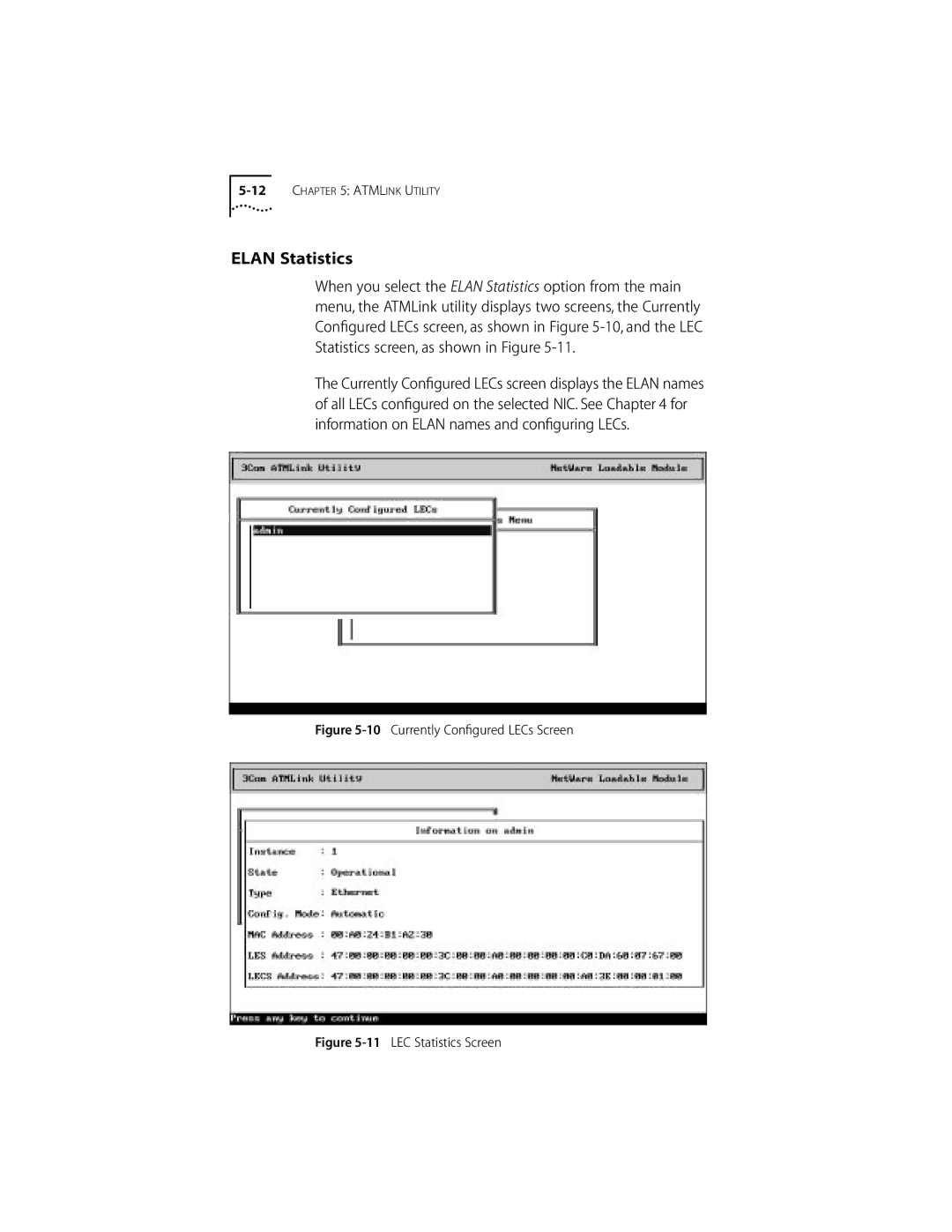 3Com 155 PCI manual Elan Statistics, Currently Conﬁgured LECs Screen 