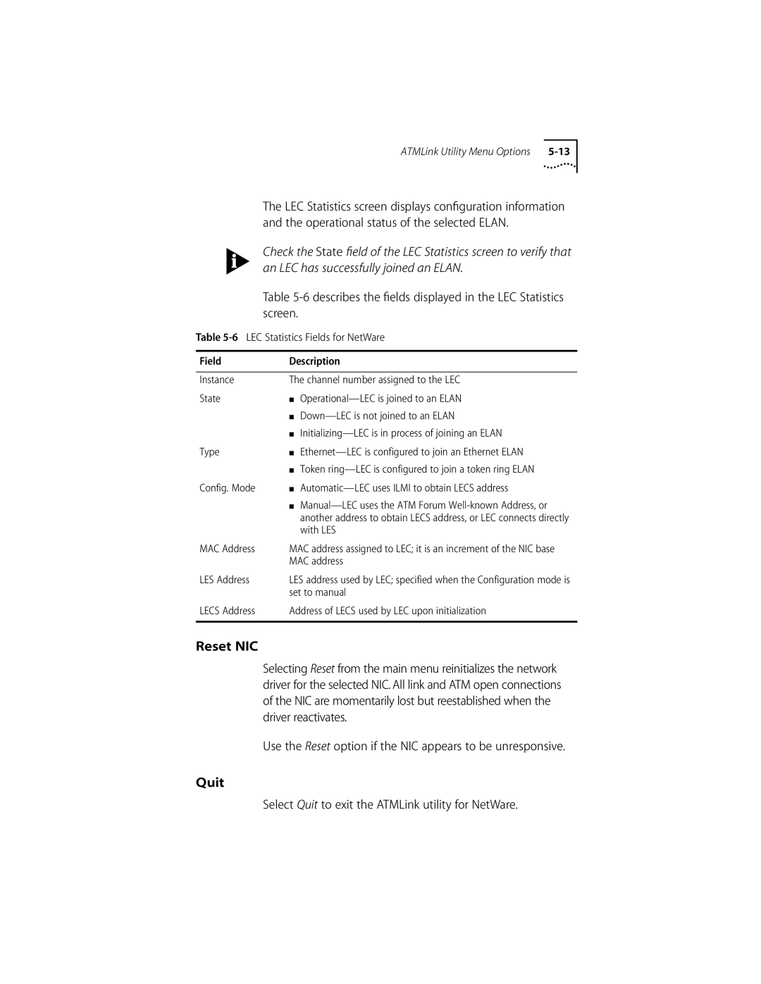 3Com 155 PCI manual Reset NIC, Quit, Describes the ﬁelds displayed in the LEC Statistics screen 