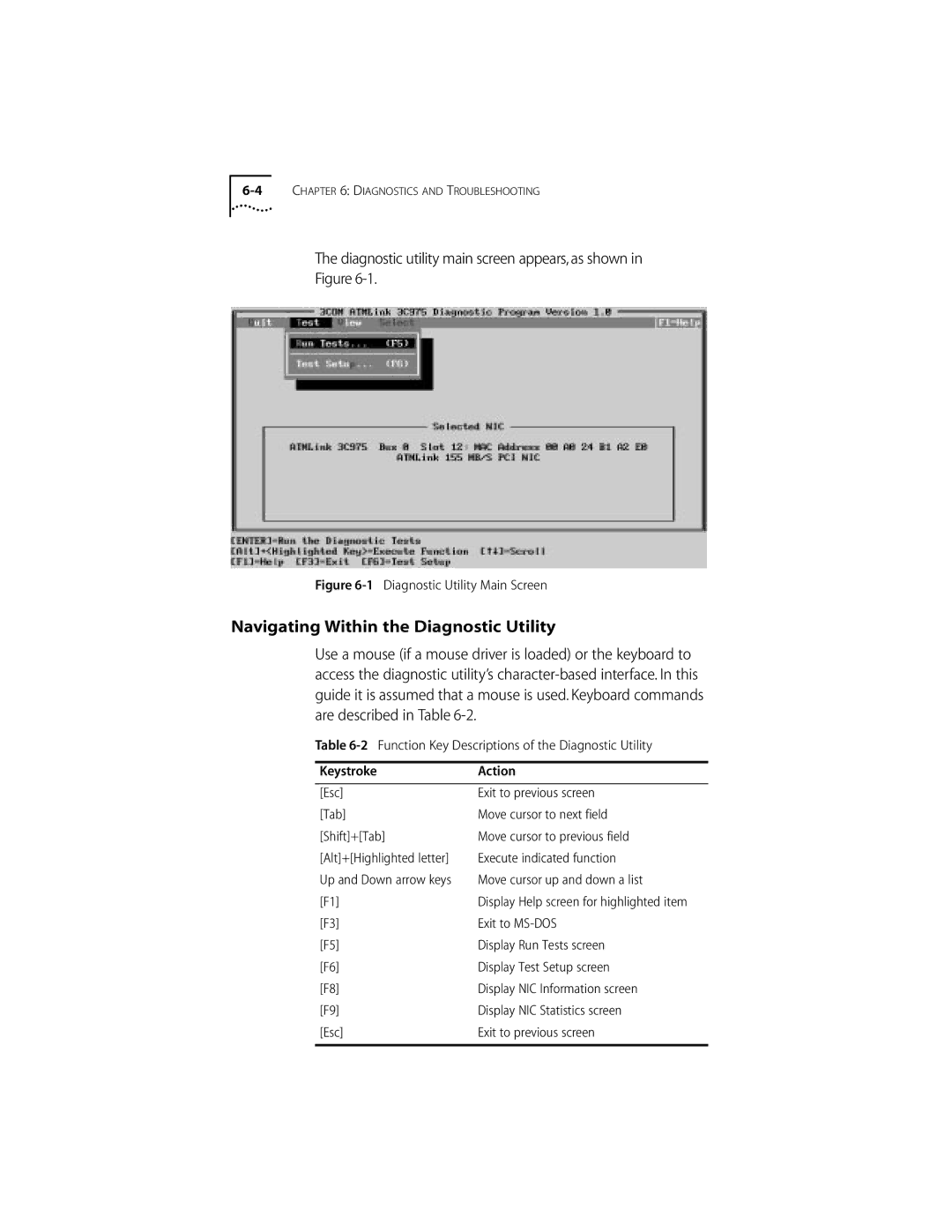 3Com 155 PCI manual Navigating Within the Diagnostic Utility, Diagnostic utility main screen appears, as shown 