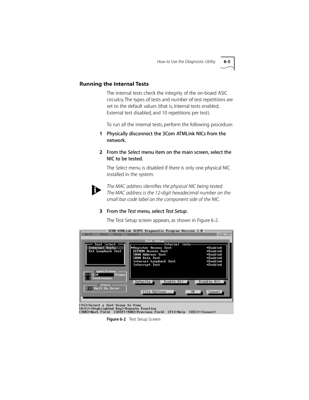 3Com 155 PCI manual Running the Internal Tests, Test Setup Screen 