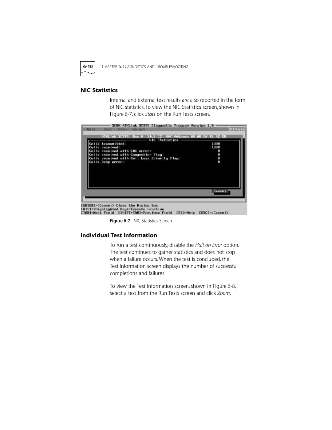 3Com 155 PCI manual NIC Statistics, Individual Test Information 