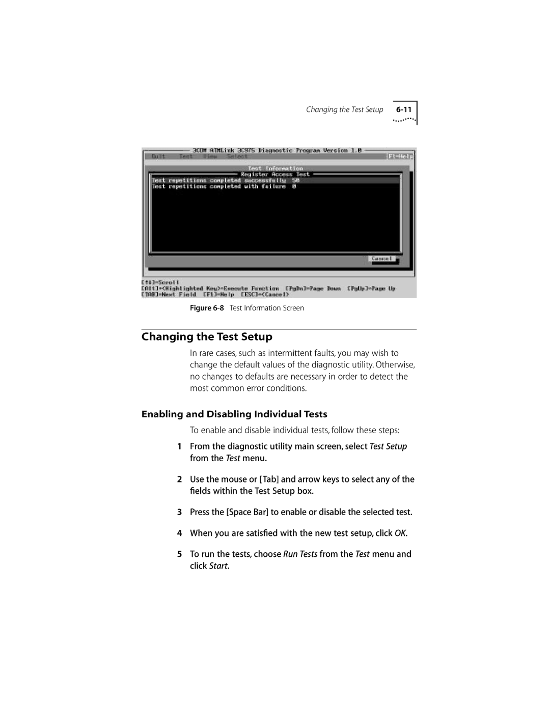 3Com 155 PCI manual Changing the Test Setup, Enabling and Disabling Individual Tests 