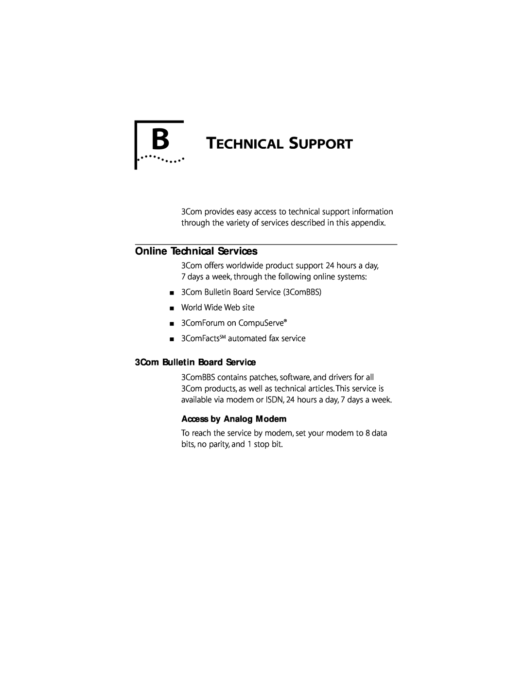 3Com 155 PCI manual B Technical Support, Online Technical Services, 3Com Bulletin Board Service 