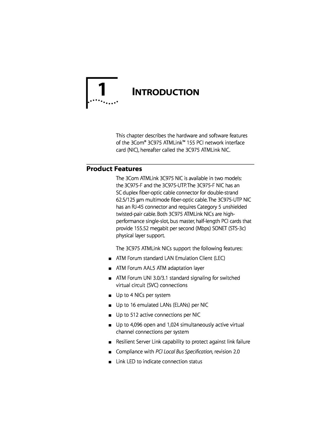 3Com 155 PCI manual Introduction, Product Features 