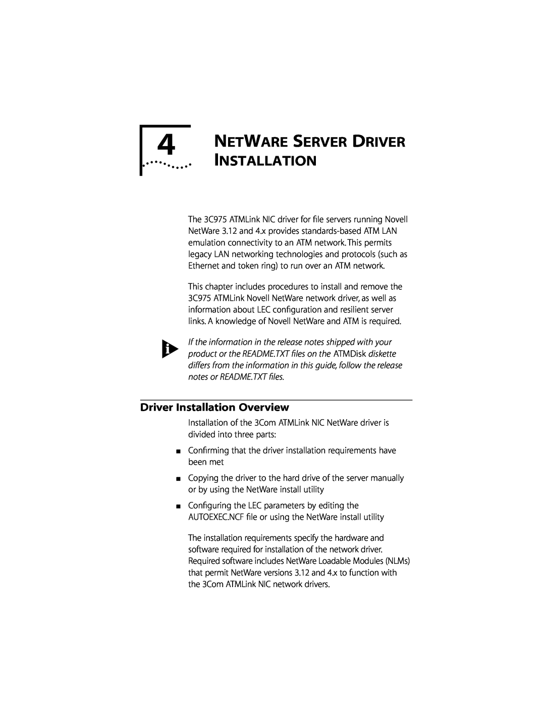 3Com 155 PCI manual Net Ware Server Driver, Driver Installation Overview 