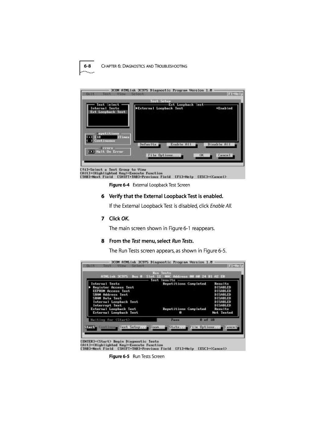 3Com 155 PCI manual 4 External Loopback Test Screen, 5 Run Tests Screen, Diagnostics And Troubleshooting 