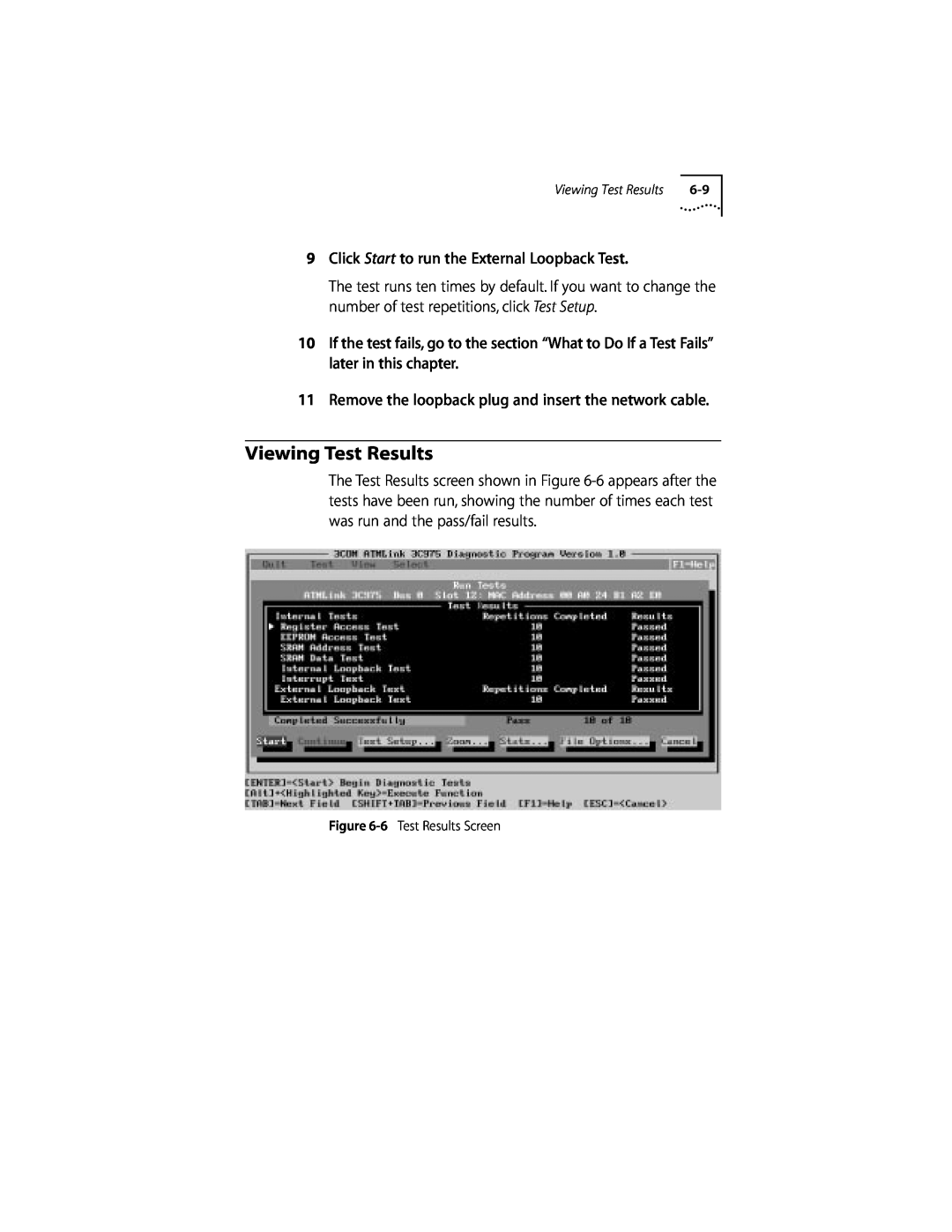 3Com 155 PCI manual Viewing Test Results, Click Start to run the External Loopback Test 