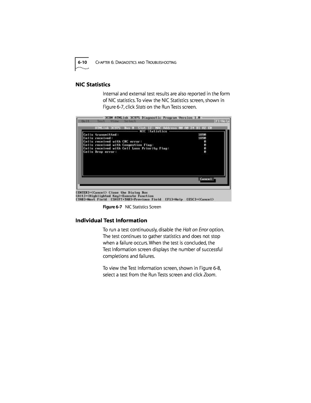 3Com 155 PCI manual Individual Test Information, 7 NIC Statistics Screen 