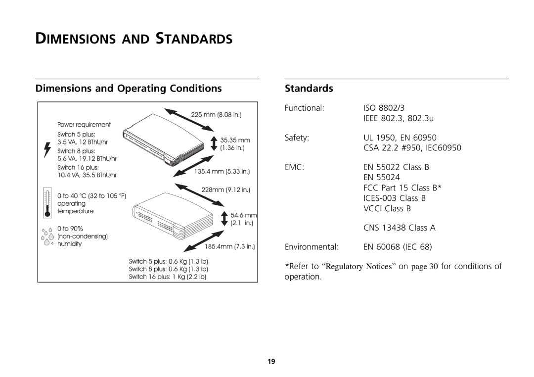 3Com 16 Plus manual Dimensions and Standards, Dimensions and Operating Conditions Standards 