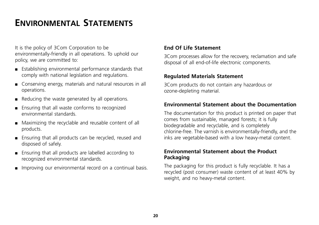 3Com 16 Plus manual Environmental Statements, End Of Life Statement, Regulated Materials Statement 