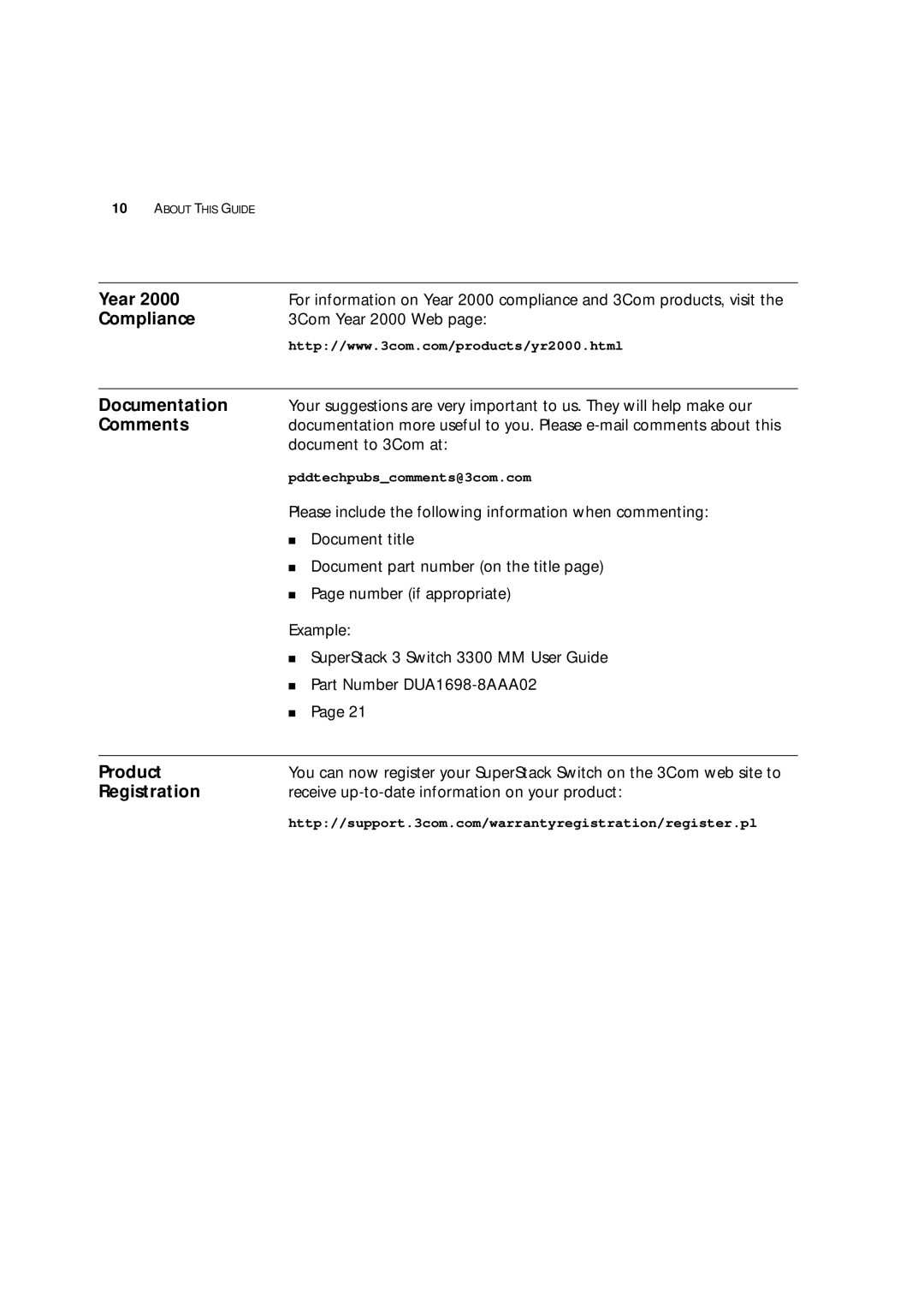 3Com 16985ua.bk manual Year, Compliance, Comments, Product, Registration 