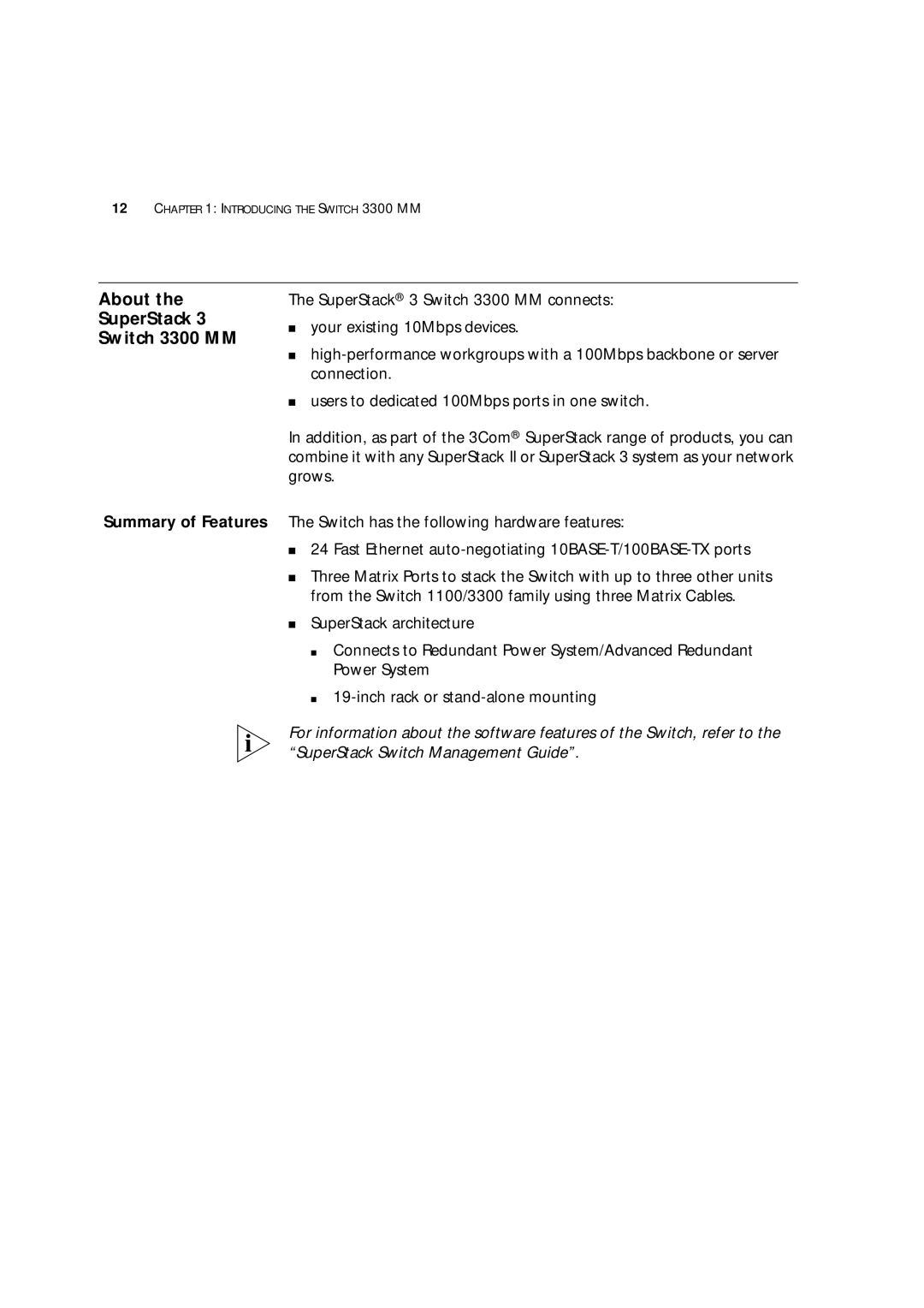 3Com 16985ua.bk manual About SuperStack Switch 3300 MM, Summary of Features 