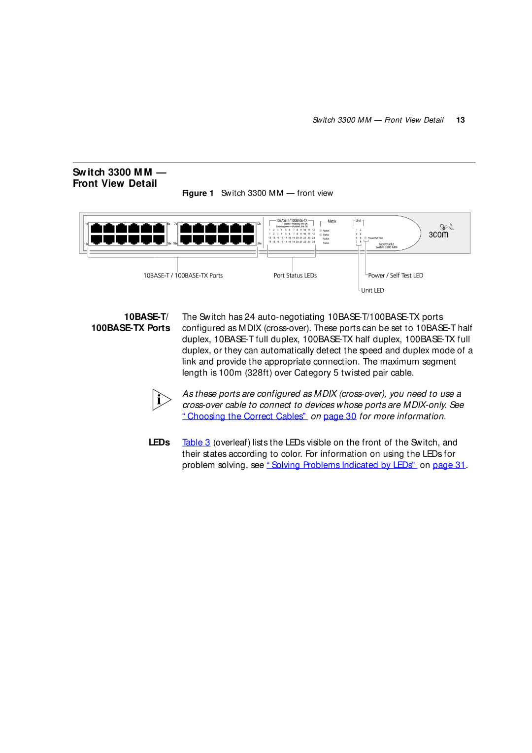 3Com 16985ua.bk manual Switch 3300 MM Front View Detail, Switch 3300 MM front view 