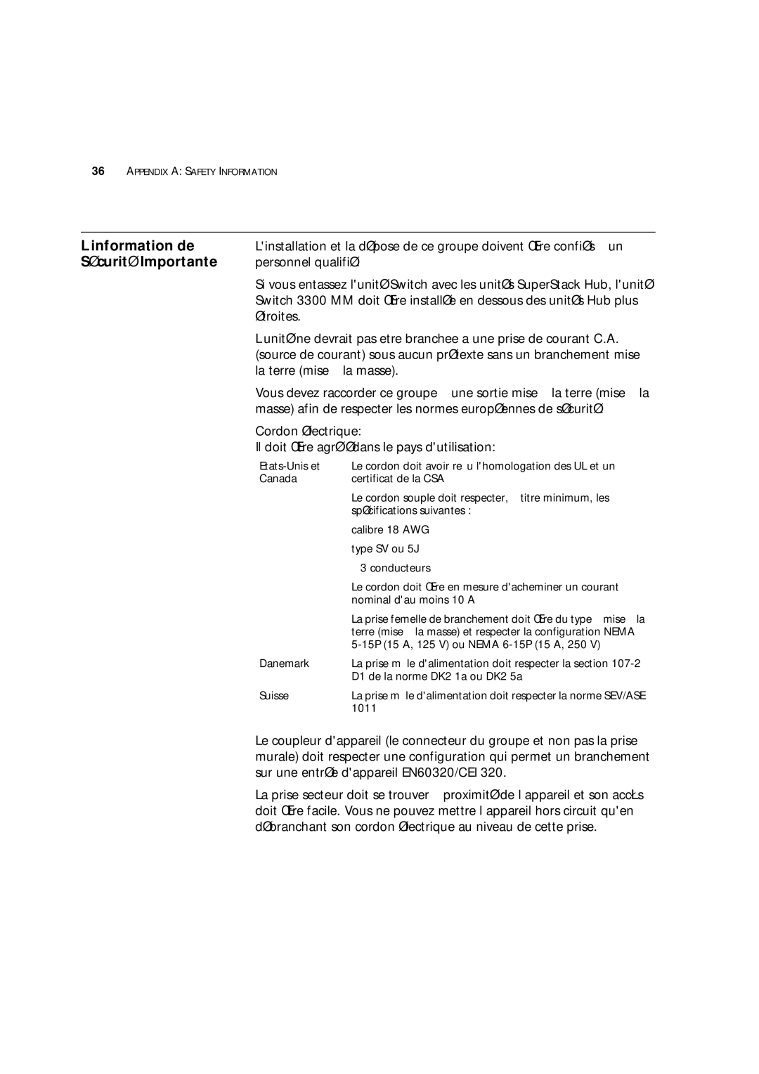 3Com 16985ua.bk manual ’information de, Sécurité Importante, Personnel qualifié, Étroites, La terre mise à la masse 