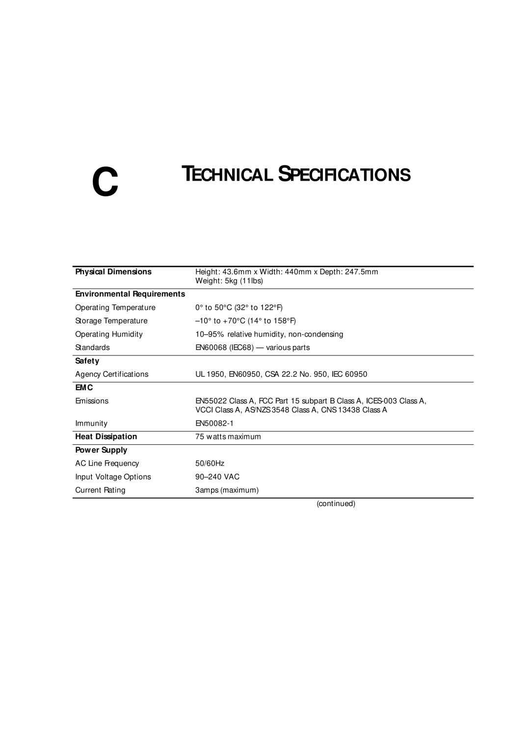 3Com 16985ua.bk manual Physical Dimensions, Environmental Requirements, Safety, Heat Dissipation, Power Supply 